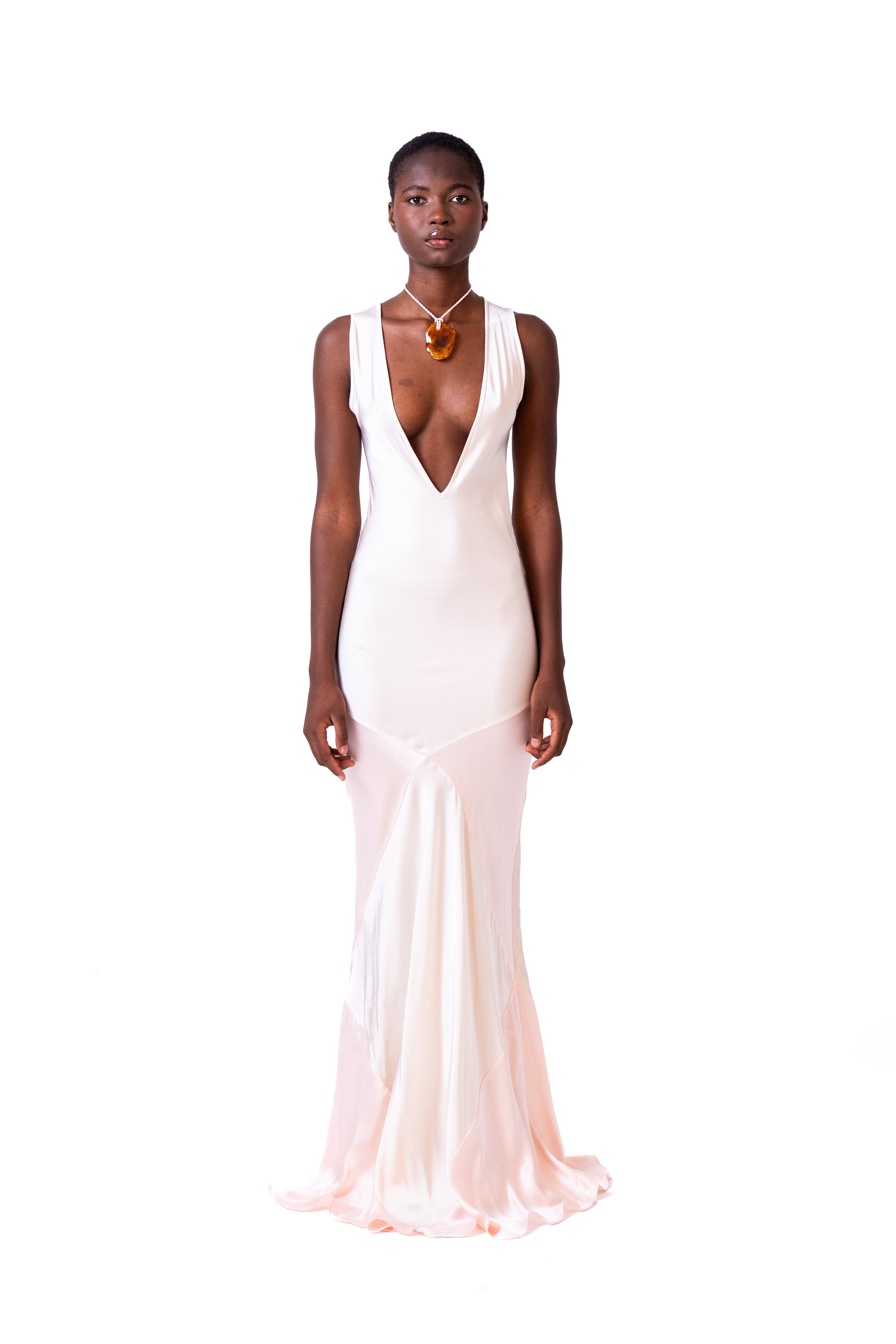 Silk Bias-Cut Long Dress in Pink and White