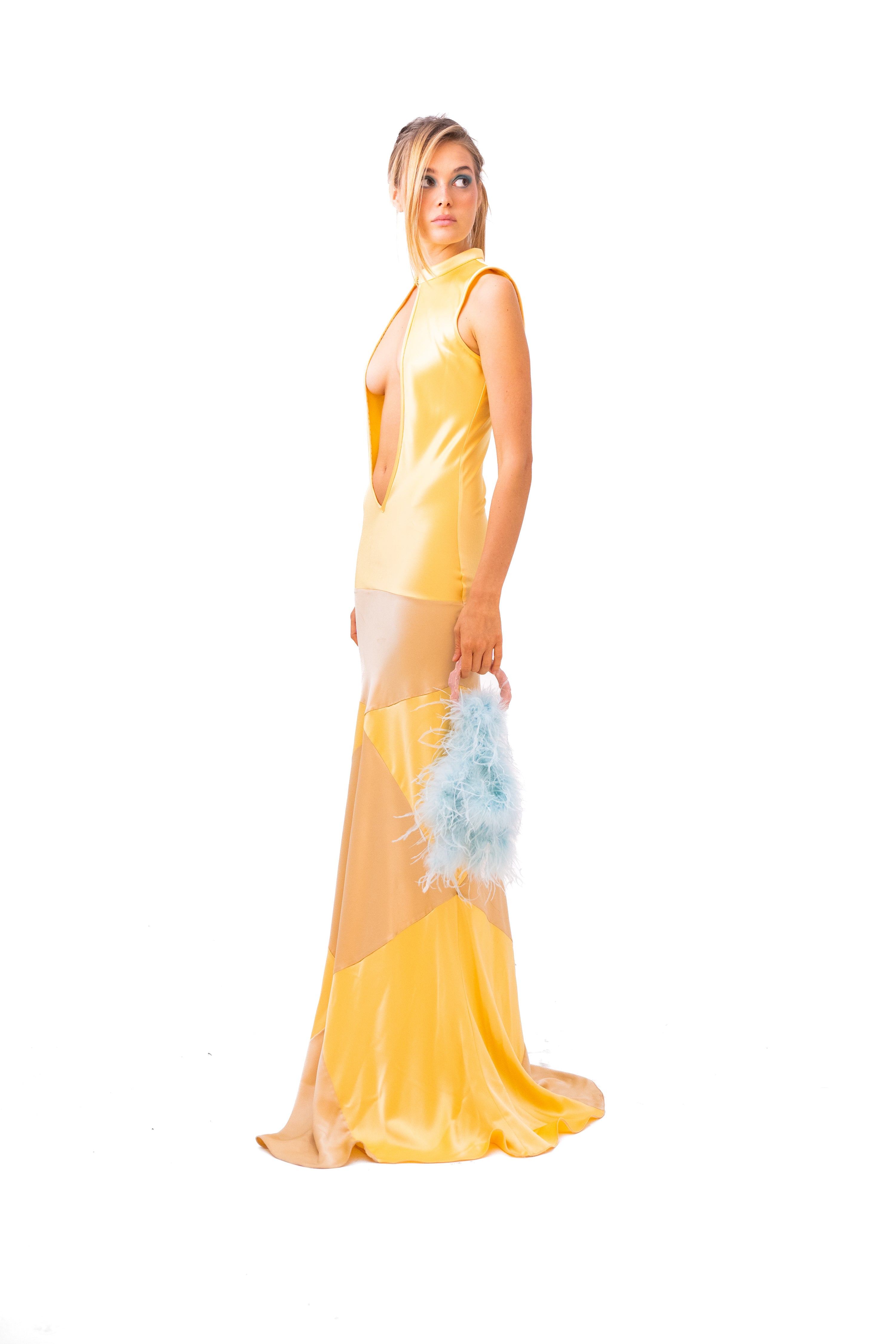 Silk Bias-Cut Long Dress in Yellow and Gold