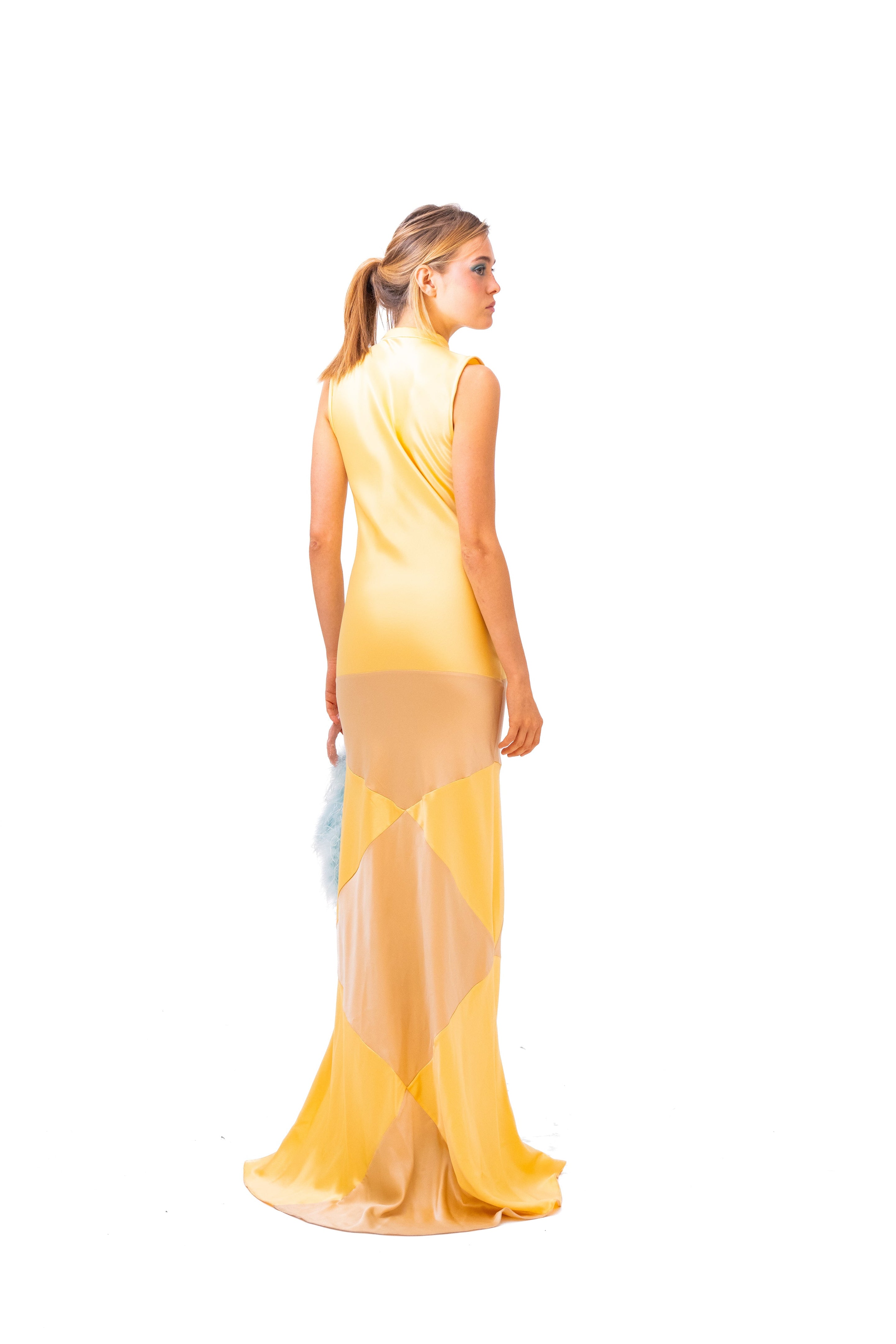 Silk Bias-Cut Long Dress in Yellow and Gold