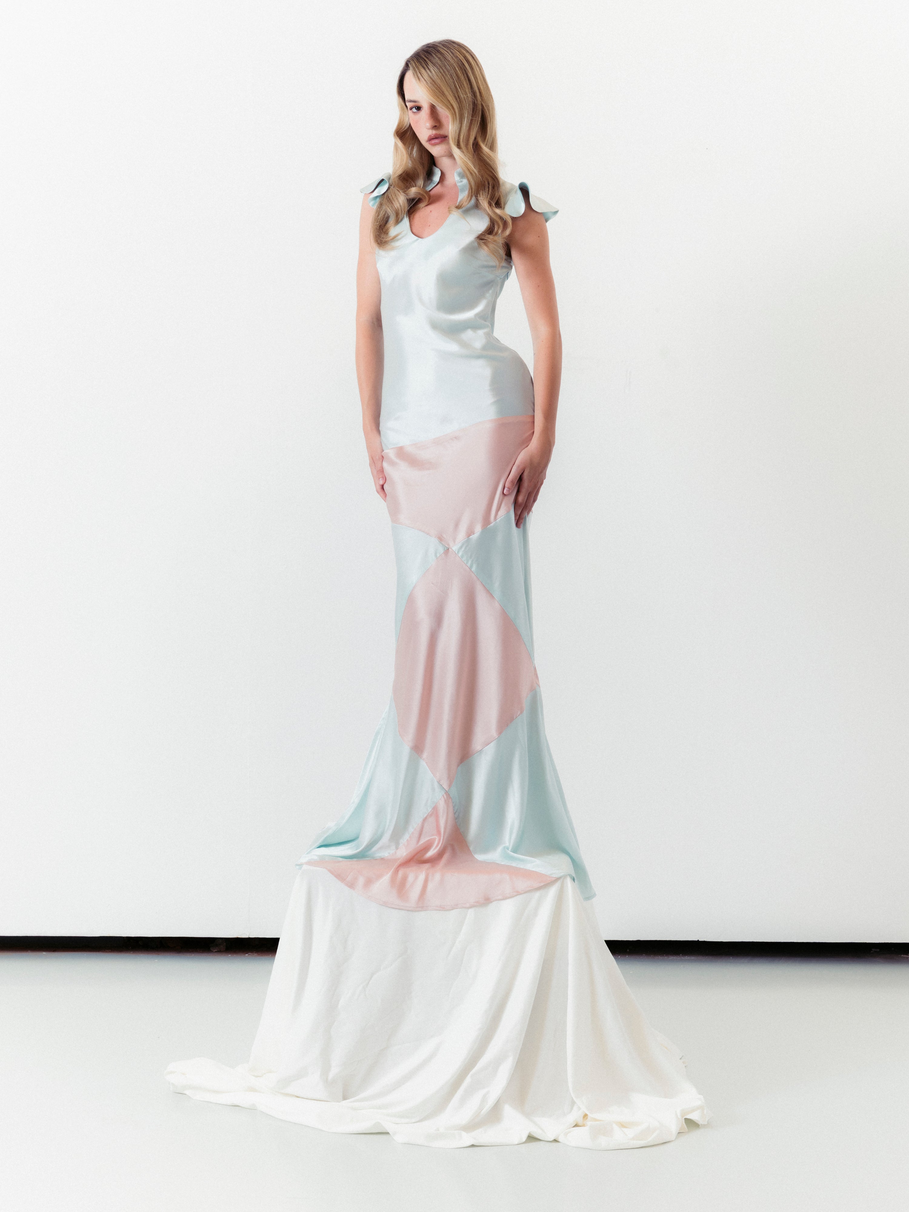 Silk Bias-Cut Long Dress in Blue and Pink