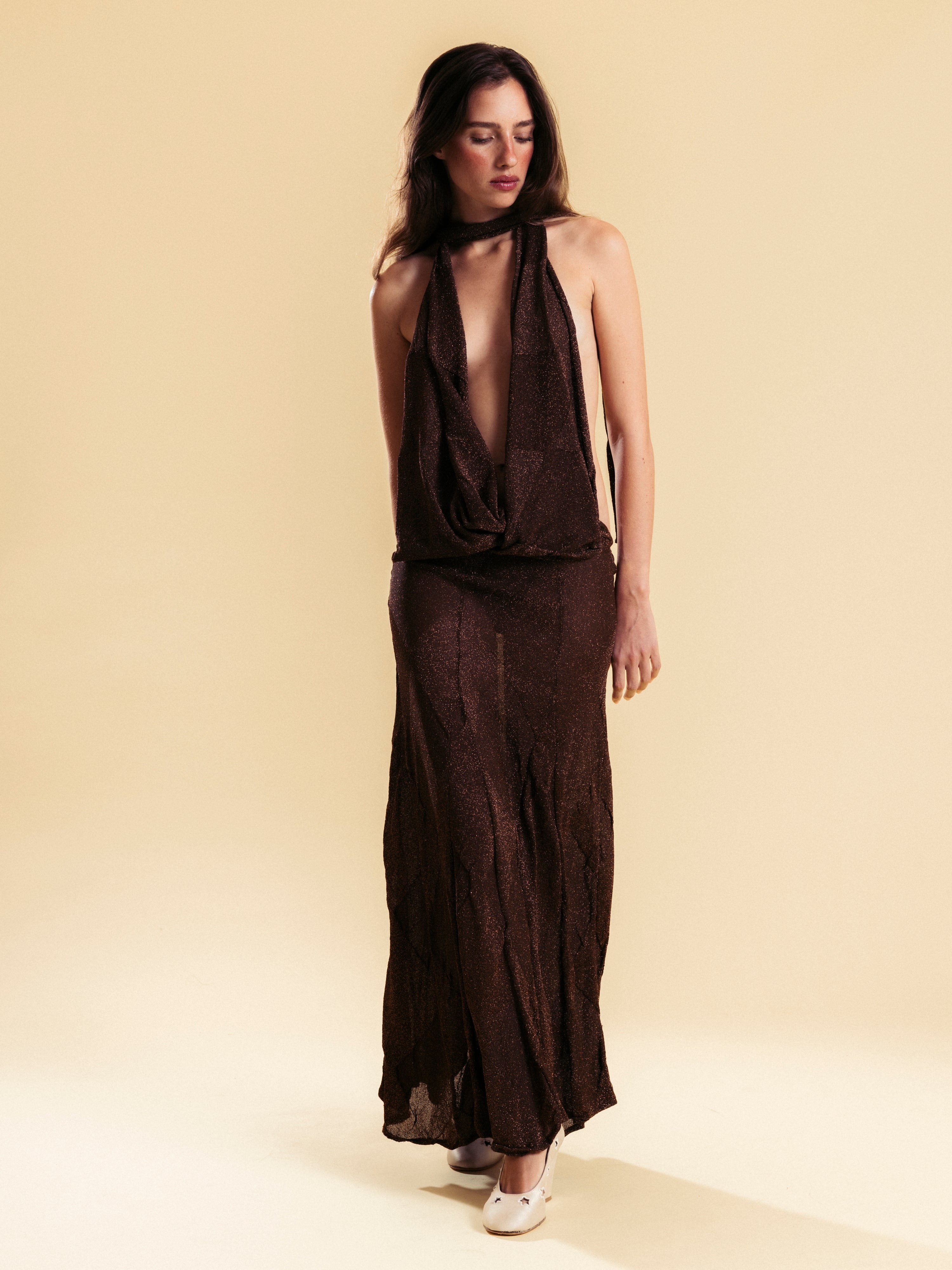 Knit Diamond Party Dress in Brown