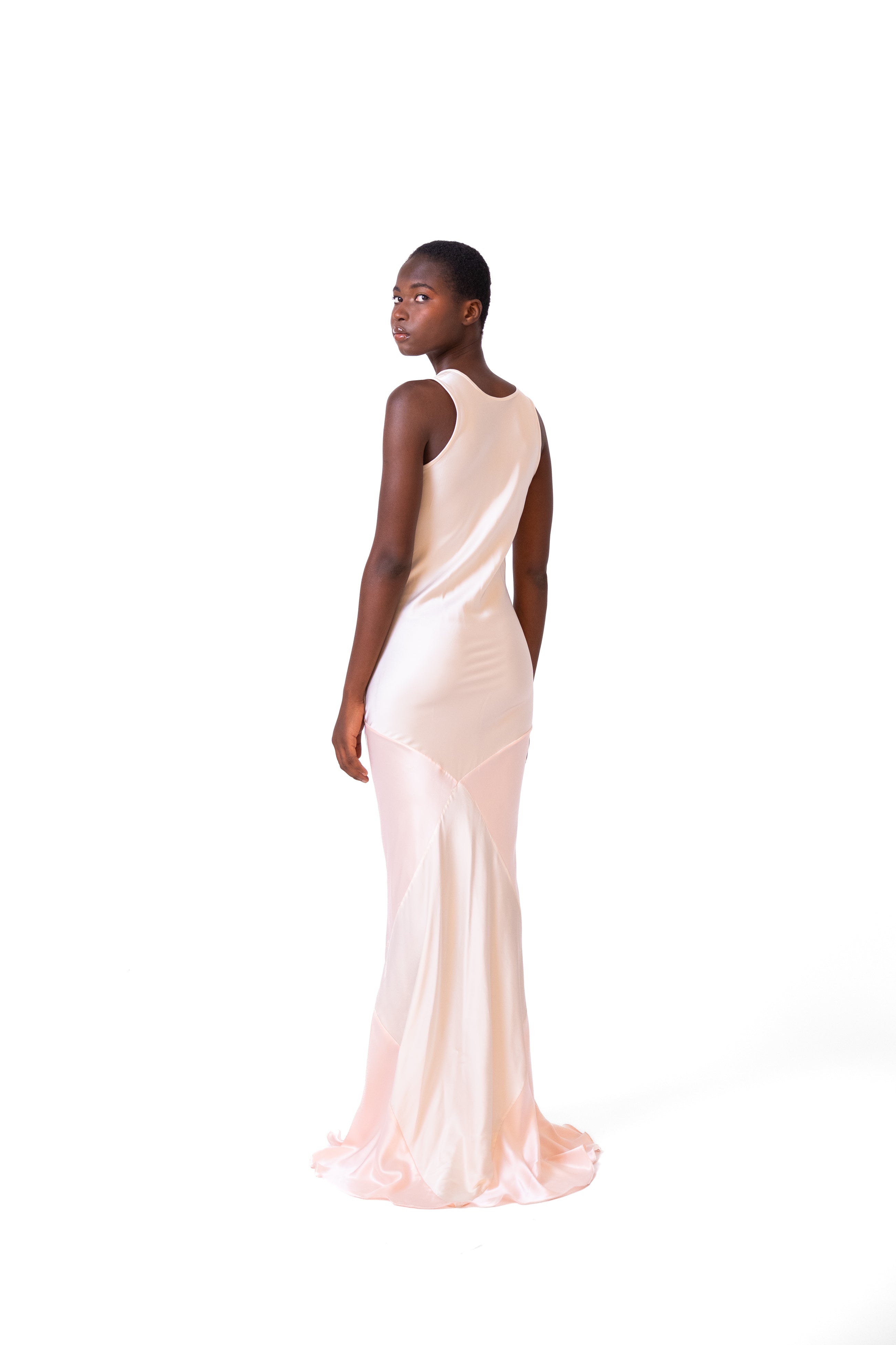 Silk Bias-Cut Long Dress in Pink and White