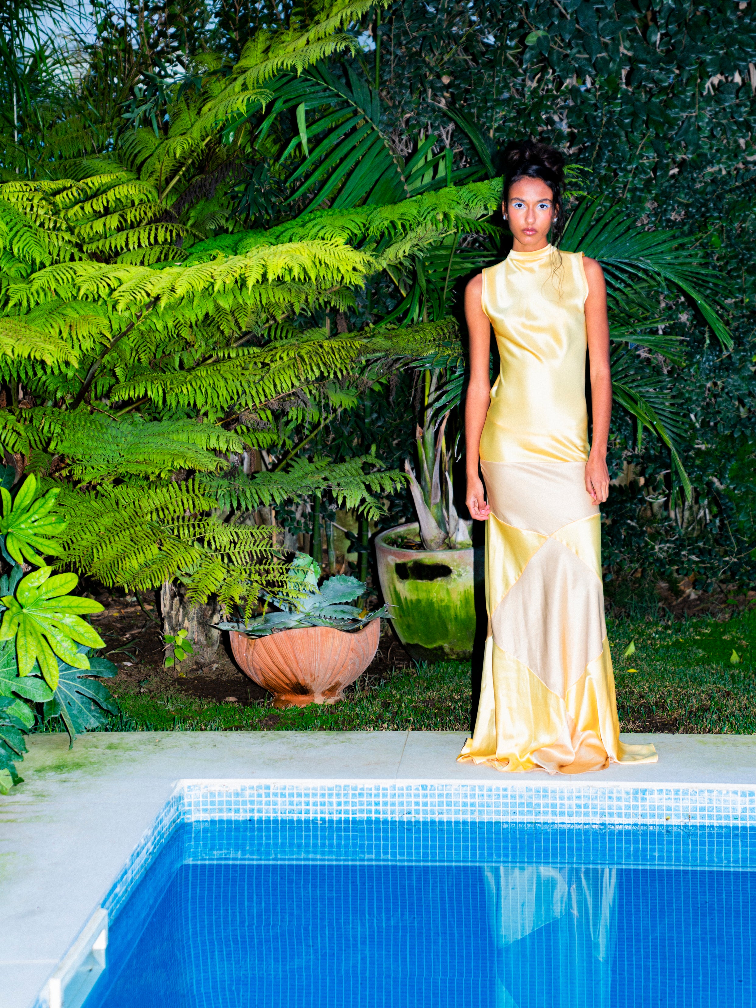 Silk Bias-Cut Long Dress in Yellow and Gold